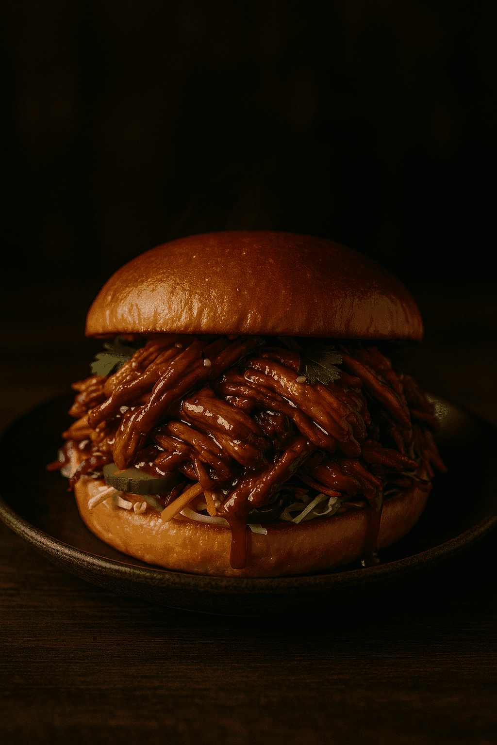 Plėšytos kiaulienos burgeris